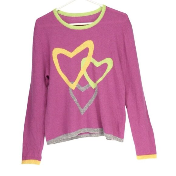 Vtg‎ Y2K Lambs Wool Blend Sweater Made in Italy Women XL Pink Neon Hearts Love - Picture 1 of 8